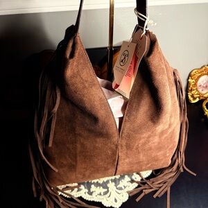 Divina Firenze Suede Fringe Hobo Bag Brown Made in Italy NWT
